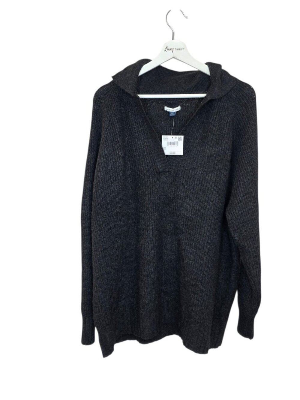 American Eagle Oversized Long Sleeve Collared Sweater, Grey, V-Neck, Size M